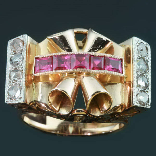 Sturdy pink gold retro ring with rose cut diamonds and carre cut rubies (image 9 of 15)